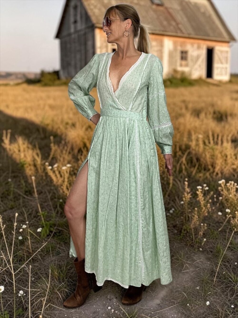 LoveShackFancy Leah Dress S Mineral Floral Green Maxi Long Sleeve Cotton Peasant